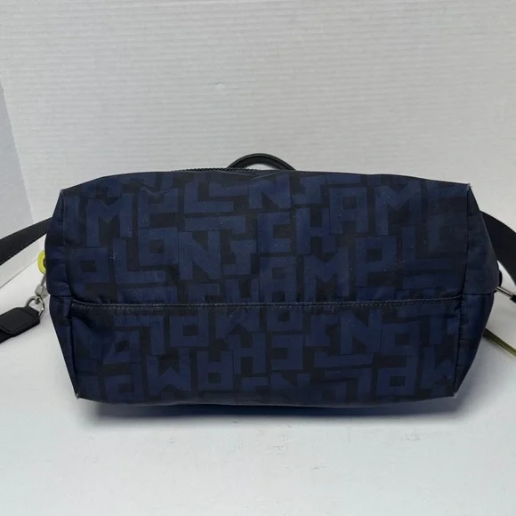 LONGCHAMP Le Pilage Navy Logo Duffel  Black Leather Trim Neon Yellow Accent - Picture 6 of 16